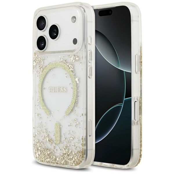 Puzdro Guess Resin Bottom Glitter MagSafe pre iPhone 17 Pro zlatá