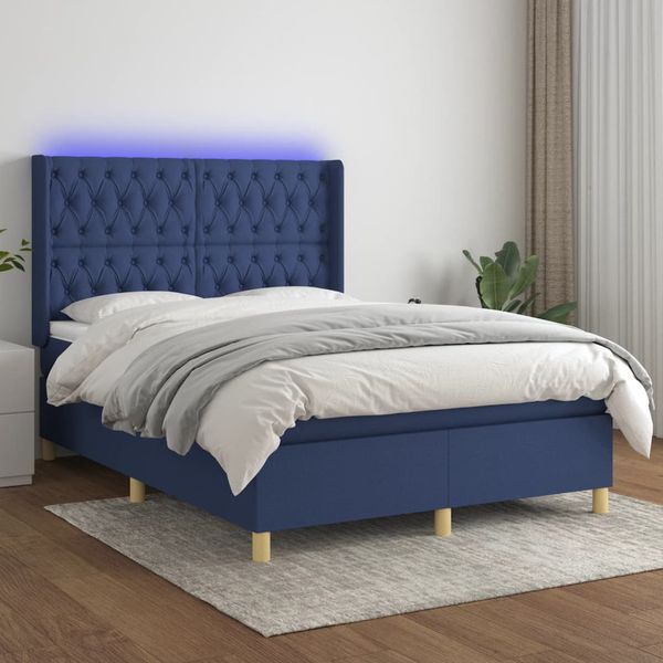 vidaXL Posteľ boxsping s matracom a LED modrá 140x200 cm látka