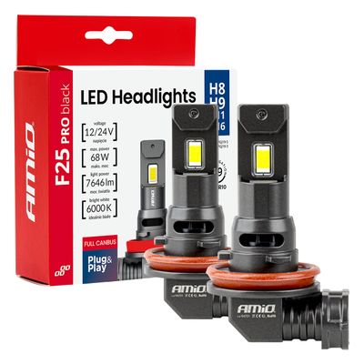 LED žiarovky hlavného svietenia Séria F25 PRO BLACK FULL CANBUS H8 H9 H11 H16 68W 12V 24V AMiO-04721