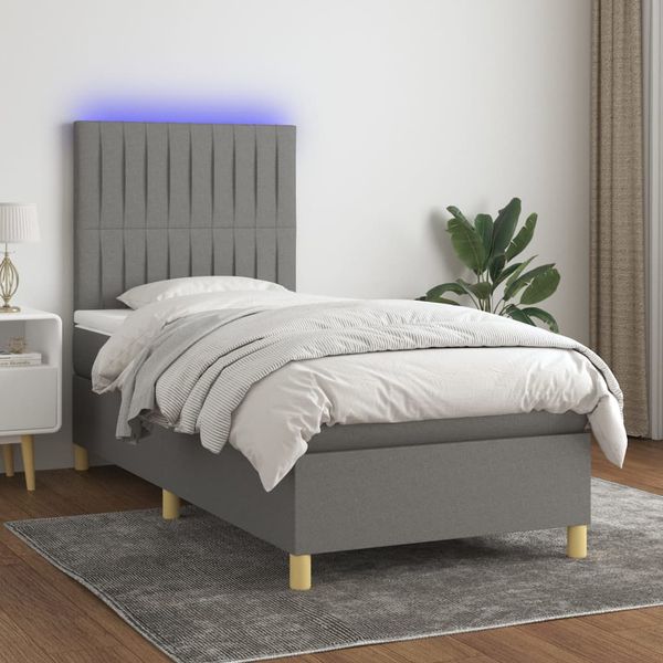 vidaXL Posteľ boxsping s matracom a LED tmavosivá 90x200 cm látka