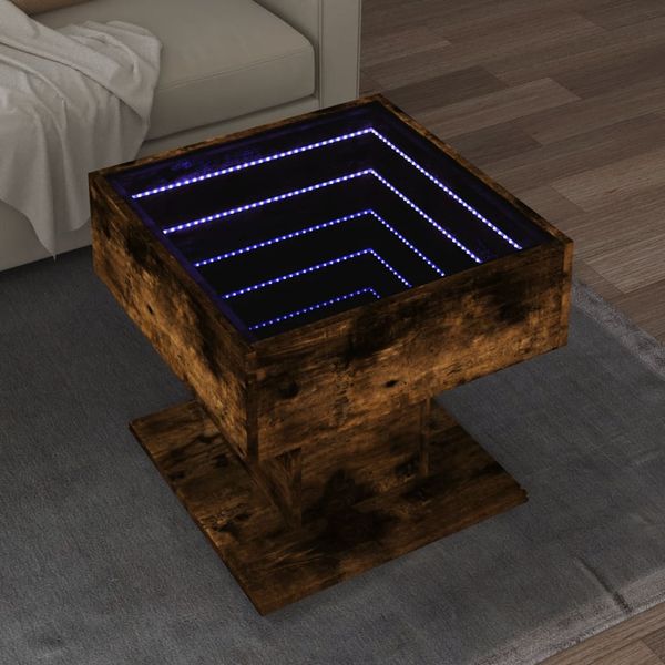 vidaXL Konferenčný stolík s LED dymový dub 50x50x45 cm kompozit. drevo