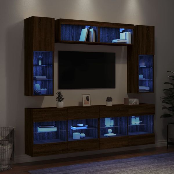 vidaXL 6-dielna súprava TV nástenných skriniek s LED hnedý dub