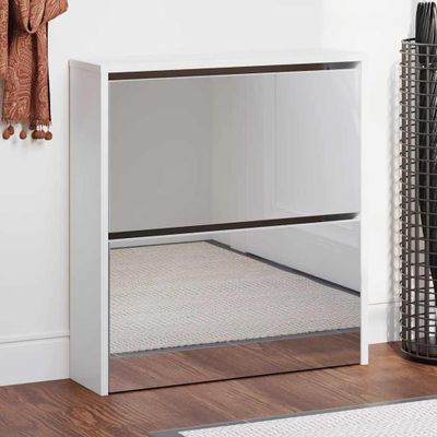 vidaXL Botník so zrkadlom 2-poschodový lesklý biely 63x17x67 cm