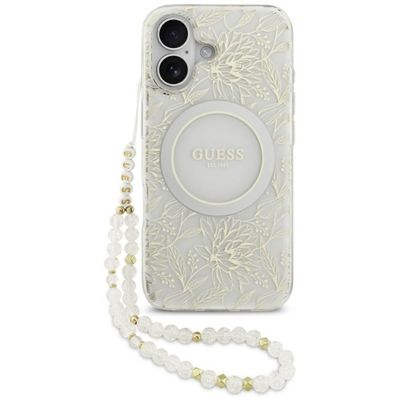 Guess puzdro Magsafe IML puzdro Kvety elektroplatované allover s korálkovým remienkom pre iPhone 17 biela