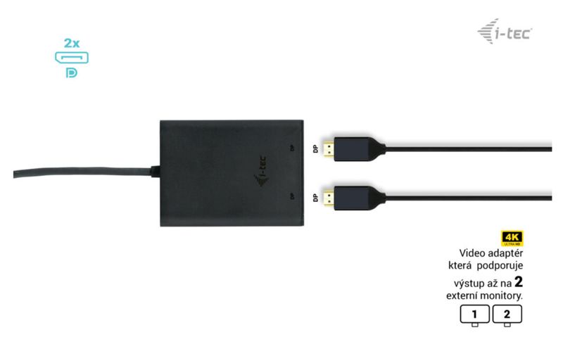 i-tec USB-C Dual 4K/60Hz (single 8K/30Hz) DP Video Adapter Adaptér, USB-C na 2× DisplayPort, 4K, čierny, kompatibilný s Thunderbolt 3/4
