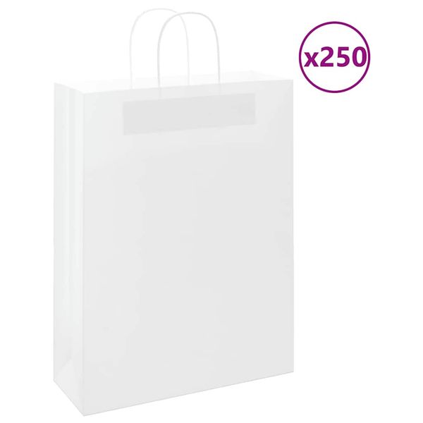 vidaXL Papierové tašky 250 ks s rúčkami, biele, 32x12x42 cm