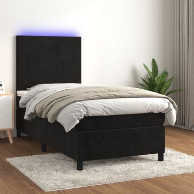 vidaXL Posteľ boxsping s matracom a LED čierna 90x200 cm zamat