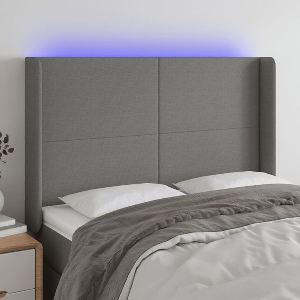 vidaXL Čelo postele s LED tmavosivé 147x16x118/128 cm látka