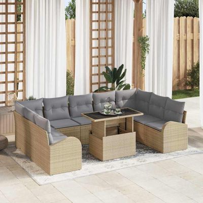 vidaXL Súprava záhradných pohoviek s vankúšom 10 pcs Béžová Poly ratan