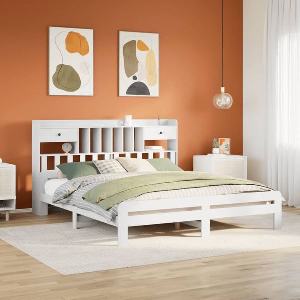 vidaXL Posteľ s knižnicou bez matraca biela 180x200cm borovicový masív