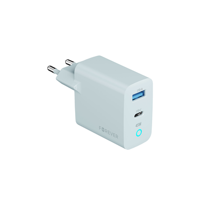 Forever Vibe-TC45AC GaN PD QC nabíjačka 1x USB-C 1x USB 45W strieborná