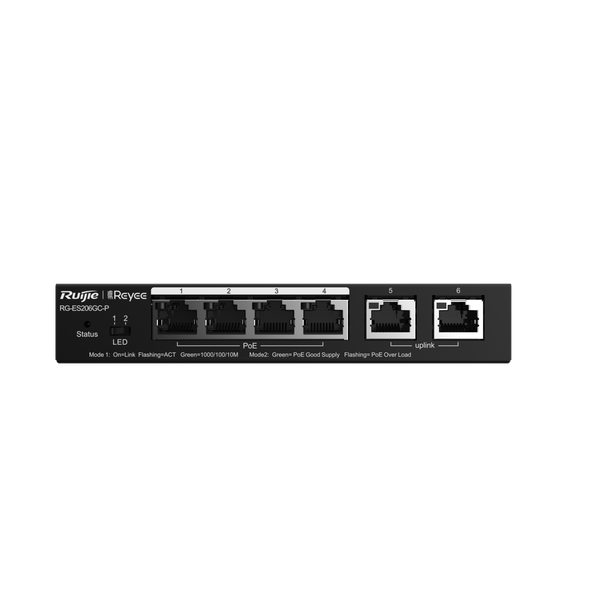 Reyee RG-ES206GC-P 6-Port Gigabit Smart POE Switch, 4 PoE/POE+ Ports with 2 Gigabit RJ45 uplink ports, 54W PoE