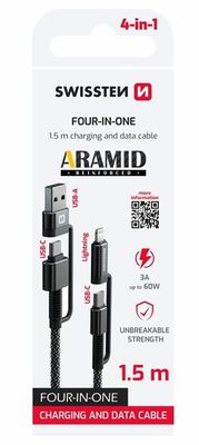 SWISSTEN DÁTOVÝ KÁBEL KEVLAR 4in1 3A 1,5 M ANTRACIT Kábel, nabíjací a synchronizačný, USB-C na USB-C, USB a Lightning, USB 2.0, 3A, 60W, opletený 1,5m, čierny