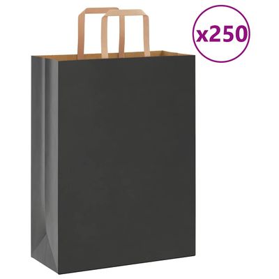 vidaXL Papierové tašky 250 ks s rúčkami, čierna, 26x12x35 cm