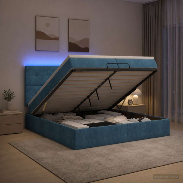 vidaXL Ottoman posteľ s matracom a LED Tmavo modrá 200 x 200 cm Zamat