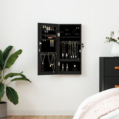 vidaXL Zrkadlová skrinka na šperky nástenná čierna 30x8,5x67 cm
