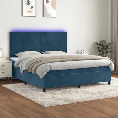 vidaXL Posteľný rám boxsping matrac a LED tmavomodrý 180x200 cm zamat