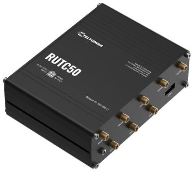 Teltonika RUTC50 průmyslový router, 5G, Dual SIM, WiFi 6 Router, prumyslový, 5G, 4G (LTE), 3G, Wi-Fi 6, 802.11b/g/n/ac/ax, 4× RJ-45 LAN, 1× RJ-45 WAN, 1× DI/DO, 1× USB, pasivní PoE, Dual