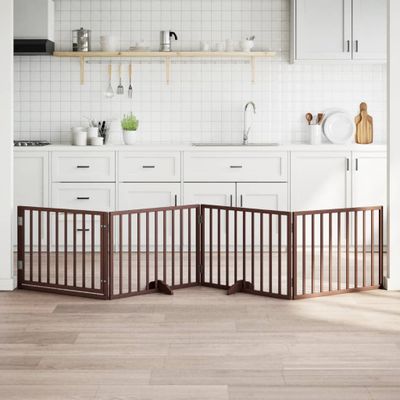 vidaXL Psia brána s dvierkami, skladacia, 4 panely, hnedá, 320 cm, topoľové drevo