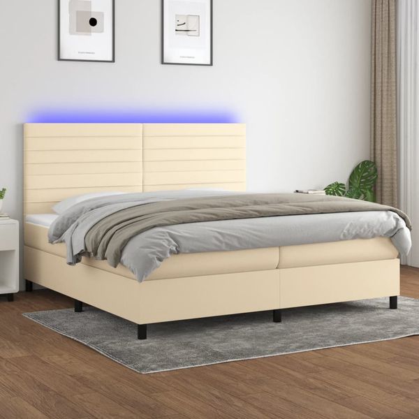 vidaXL Posteľ boxsping s matracom a LED krémová 200x200 cm látka