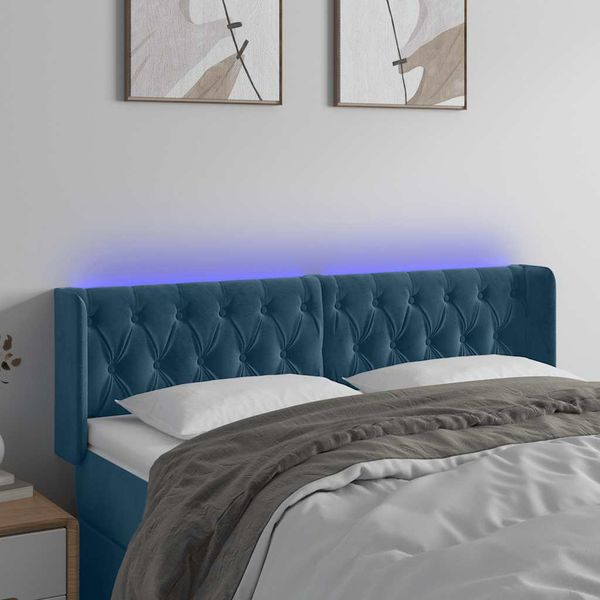 vidaXL Čelo postele s LED tmavomodré 147x16x78/88 cm zamat