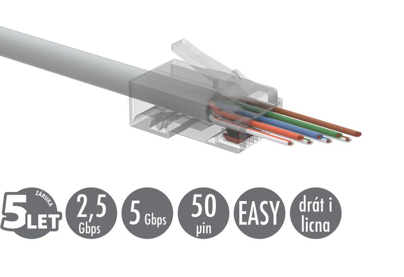 Univerzálny EASY konektor RJ45 CAT6 UTP 8p8c na drôt aj licnu SXRJ45-6-UTP-EASY 100ks