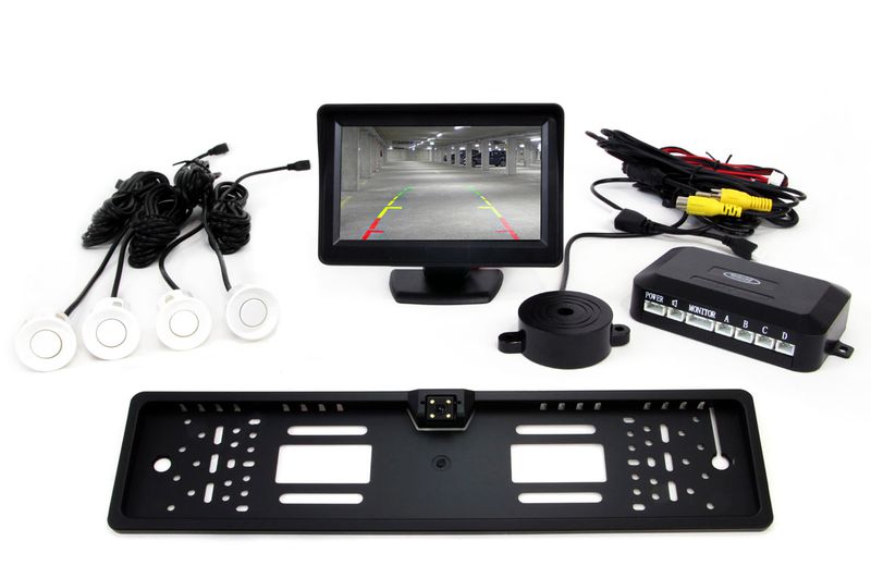 Parkovací asistent 4 senzory biele TFT01 4,3 `s kamerou CAM-402 LED v podložke pod EČV