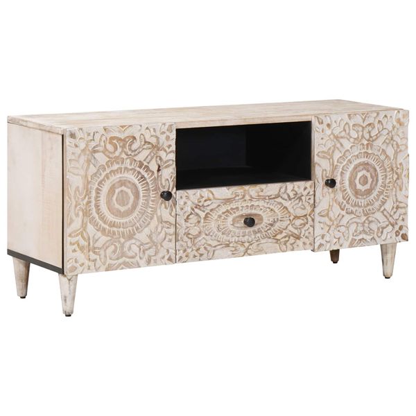 vidaXL TV skrinka Biela 105 x 33,5 x 46 cm Masívne mango drevo