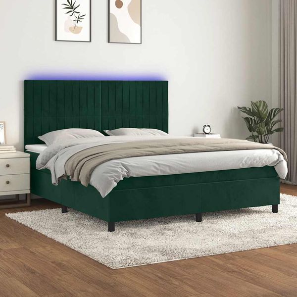 vidaXL Posteľný rám boxsping matrac a LED tmavozelený 160x200 cm zamat