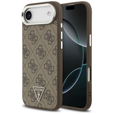Guess Case Magsafe 4G PU kožený obal s trojuholníkovým logom a strieborným kovovým rámom fotoaparátu pre iPhone 17 Air hnedá