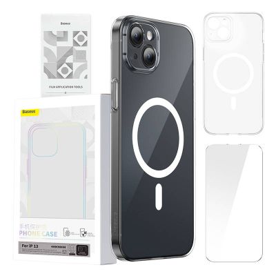 Puzdro na telefón Baseus Magnetic Crystal Clear pre iPhone 13 (priehľadné) s ochranným krytom displeja z celoplošného tvrdeného skla a čistiacou súpravou