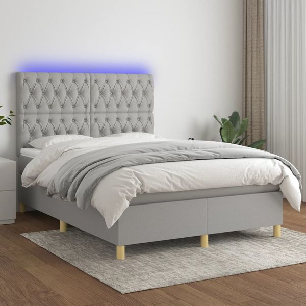 vidaXL Posteľ boxsping s matracom a LED bledosivá 140x190 cm látka