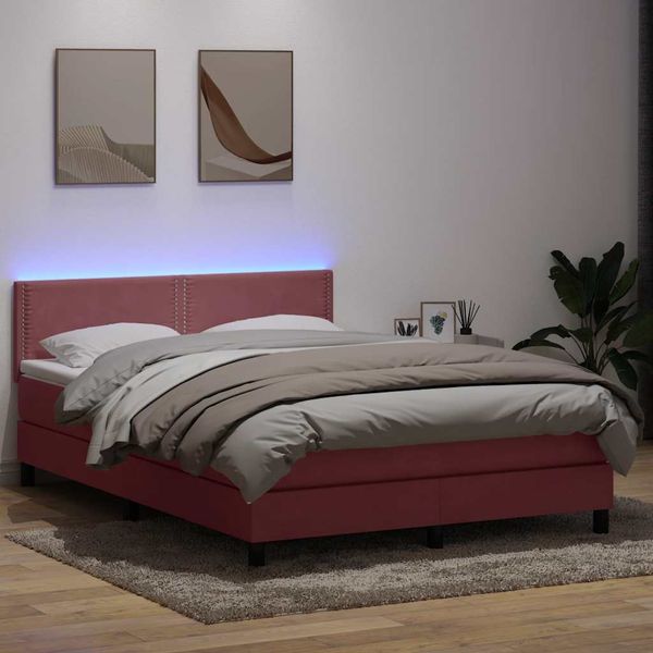 vidaXL Posteľný rám boxsping s matracom a LED ružový 140x220 cm zamat