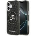 Puzdro Karl Lagerfeld Magsafe IML glitter s kovovým rámčekom fotoaparátu a tlačidlami, hlavičky Karla a Choupette na opakovanom logu KL pre iPhone 17 čierne