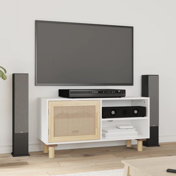 vidaXL TV skrinka biela 80x30x40 cm masívna borovica a prírodný ratan