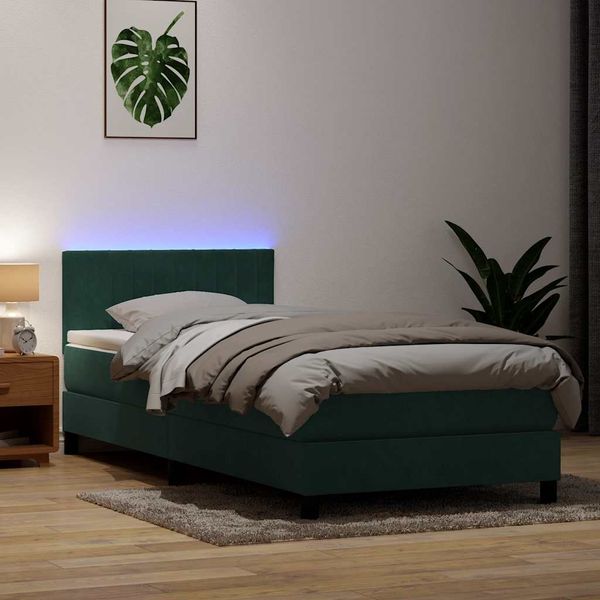 vidaXL Posteľný rám boxspring s matracom a LED Tmavozelená 80x210 cm zamat