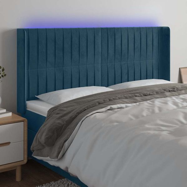vidaXL Čelo postele s LED tmavomodré 163x16x118/128 cm zamat