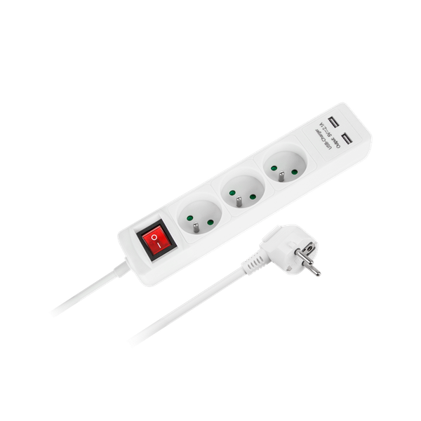 Prodlužovací kabel REBEL URZ3202-3  3 zásuvky, 3m, vypínač,2xUSB, bílá