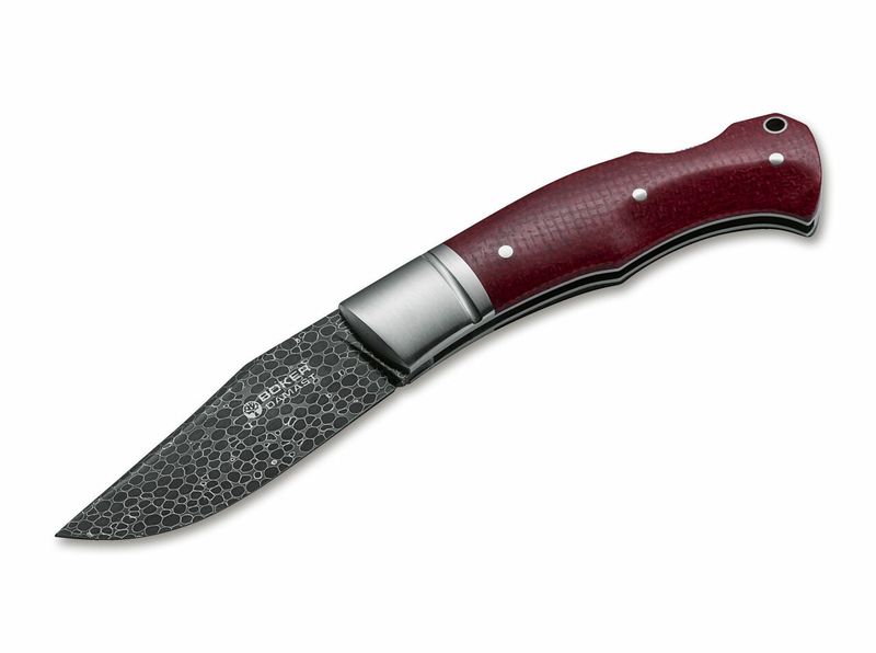 Böker 111025DAM BOXER DAMAST vreckový nôž 7,5 cm, damašek, červená, Micarta