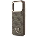 Guess Case Magsafe 4G PU kožené puzdro s trojuholníkovým logom a zlatým kovovým rámom fotoaparátu pre iPhone 17 Pro hnedá