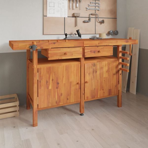 vidaXL Pracovný stôl so zásuvk. a zverákmi 162x62x83 cm akáciový masív
