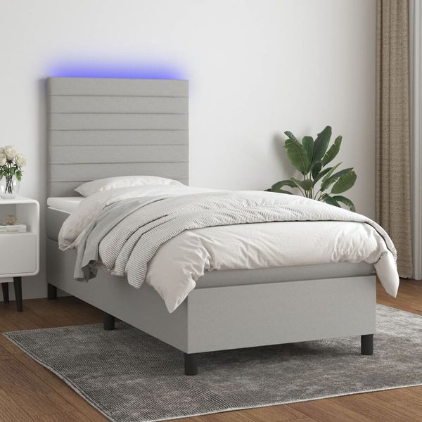 vidaXL Posteľ boxsping s matracom a LED bledosivá 90x190 cm látka