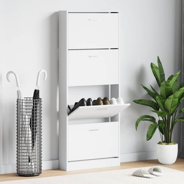 vidaXL Botník lesklý biely 59x17x150 cm spracované drevo