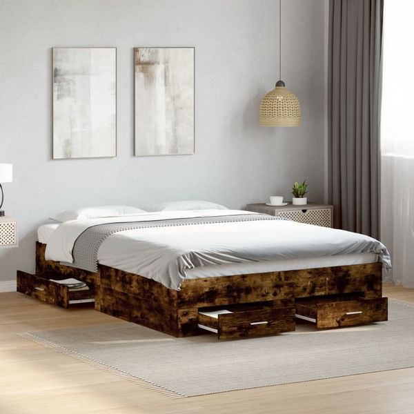 vidaXL Posteľný rám so zásuvkami dymový dub 120x200cm kompozitné drevo