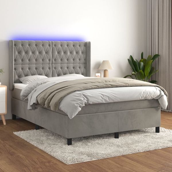 vidaXL Posteľ boxsping s matracom a LED bledosivá 140x200 cm zamat
