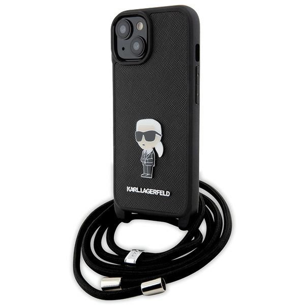 Puzdro Karl Lagerfeld pre iPhone 15 6,1" KLHCP15SSASKNPSK čierne HC Saffiano Ikonik Metal Pin Monogram Crossbody