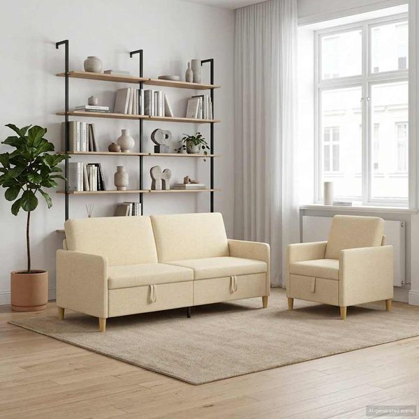 vidaXL Súprava pohovky s úložným priestorom 2 pcs Krémová Polyester