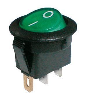 Prepínač kolískový okrúhly pros.  2pol./3pin  ON-OFF 250V/6A zelený