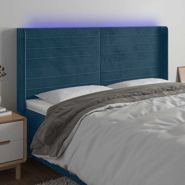 vidaXL Čelo postele s LED tmavomodré 203x16x118/128 cm zamat