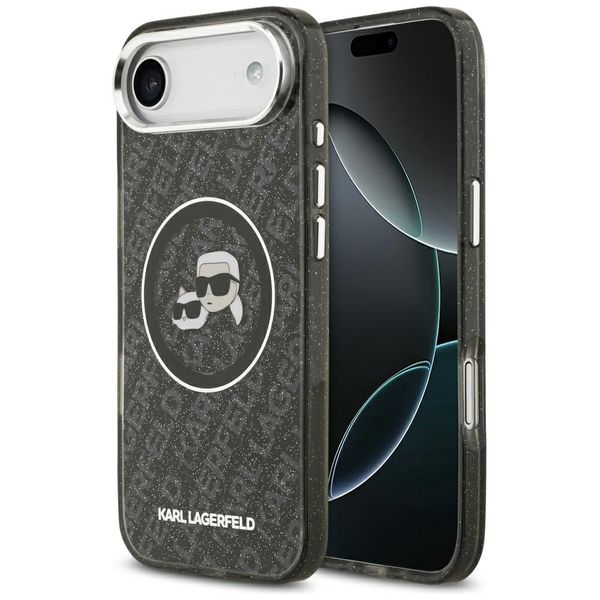 Karl Lagerfeld puzdro Magsafe IML trblietavé puzdro s kovovým rámom fotoaparátu a tlačidlami, s hlavami Karla a Choupette na opakujúcom sa logu KL pre iPhone 17 Air čierne